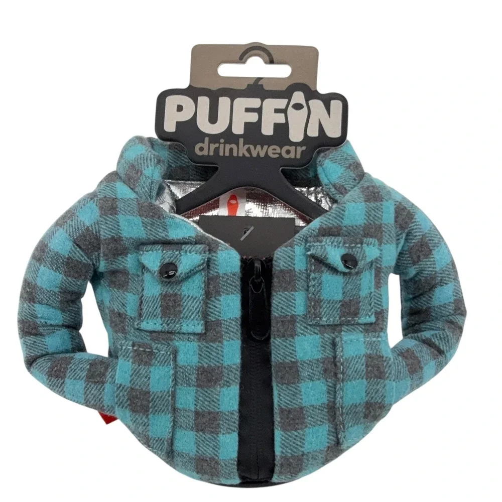 Puffin Drinkwear Flannel Plaid Shirt Can Cooler‎ Cozy Fits 12oz 16oz Cans NWT